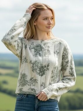Francesca's Collections Ivory & Cream Floral Cable  Knit Cropped Sweater Size M